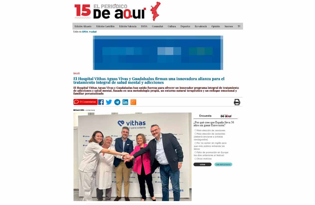 aparición del acuerdo de Grupo Guadalsalus y Hospital Vithas Aguas Vivas, en 'El Periódico de aquí'