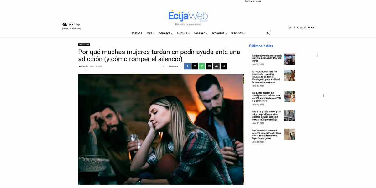 Écija Web menciona el centro ambulatorio de Guadalsalus en su reportaje sobre las adicciones en mujeres